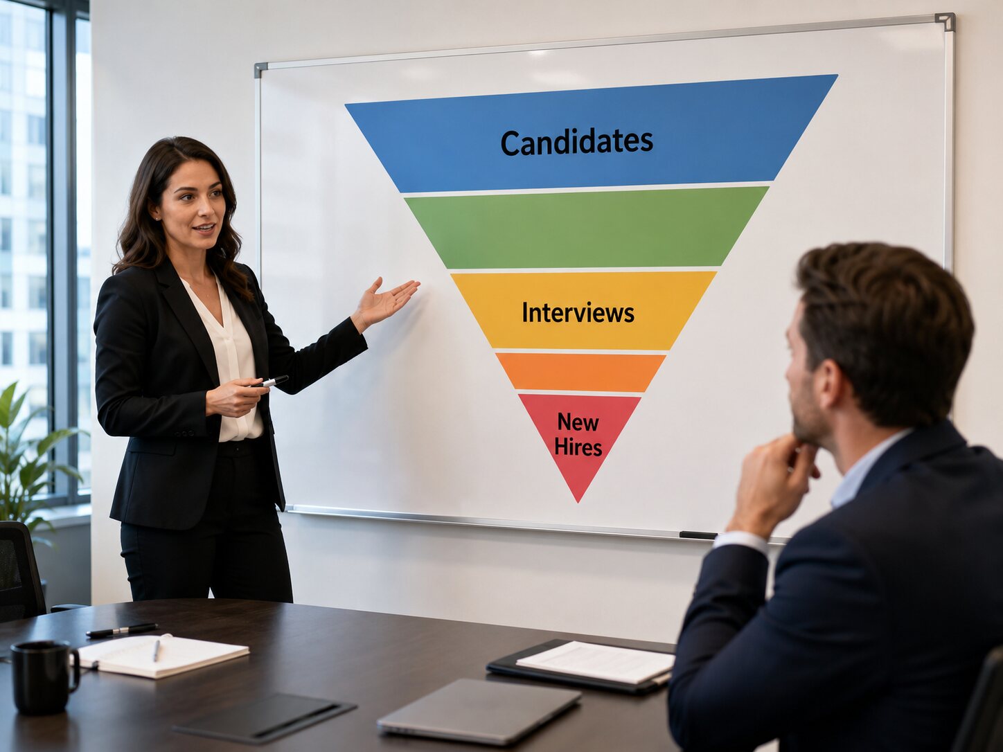 A recruiter presenting a candidate pipeline funnel: candidates, interviews, new hires